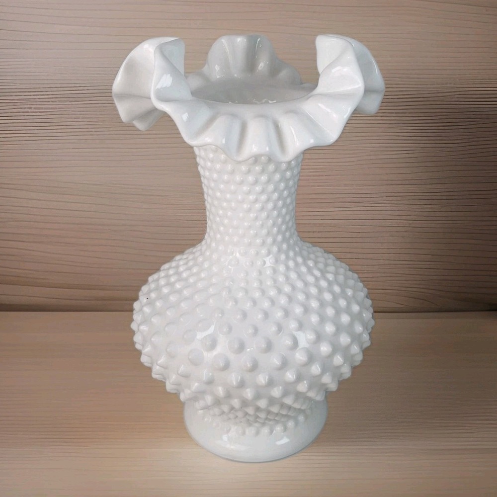 MCM Vintage Large Fenton White Milk Glass Hobnail Ruffled Edge Vase  10.5" Tall